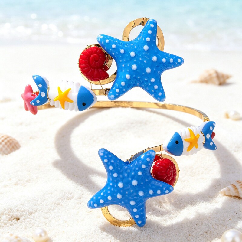 Cartoon ocean-themed arm bracelet with blue and white starfish and small fish, a personalized accessory for vacation and travel 5937 Cartoon ocean-themed arm bracelet with blue and white starfish and small fish, a personalized accessory for vacation and travel 5937