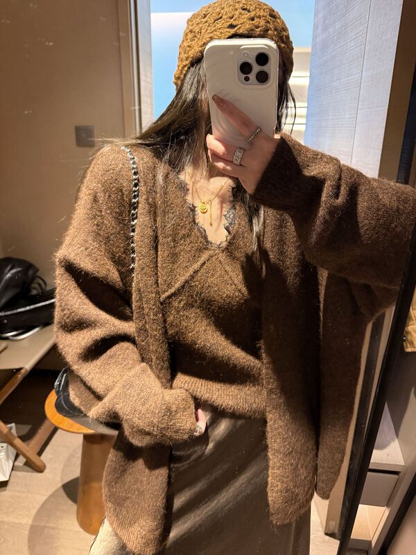 法式时尚针织套装女2025秋冬新款蕾丝拼接针织背心＋开衫两件套|undefined