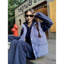 2025新款蓝色格纹无袖马甲背心充棉棉服外套女秋冬设计感立领马夹