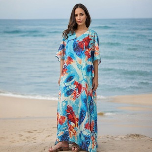 Yunsheng Cross-Border Beach Sun Protection Clothing Knitted Printed Long Skirt Seaside Vacation Casual Sun Protection Bikini Cover-Up