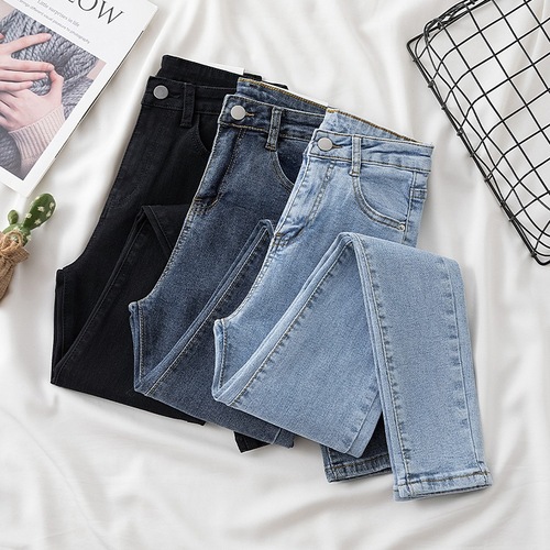 High-waisted women's slim-fit spring and summer outerwear tight-fitting tall-leg pencil mini-jeans with elastic waistband