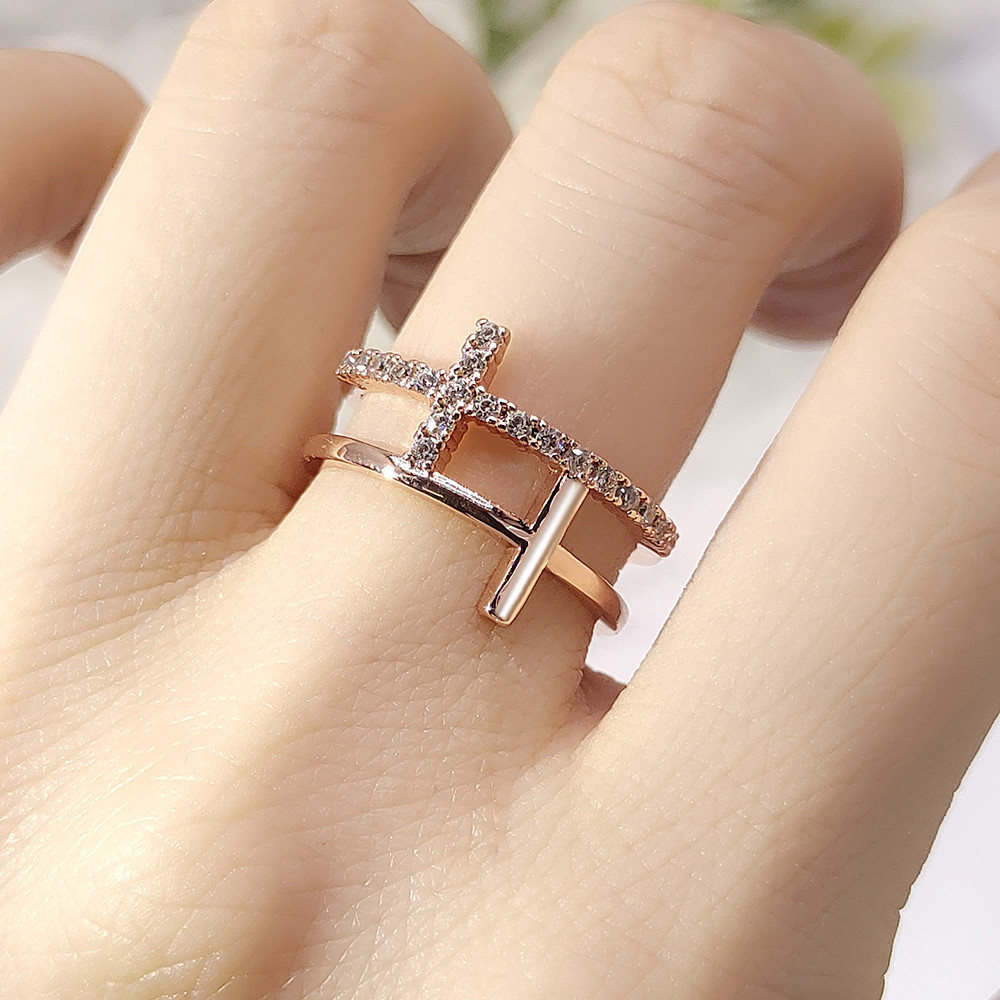 Double Cross Ring Gold Plated Zircon Wedding Ring For Couples_voghion.com