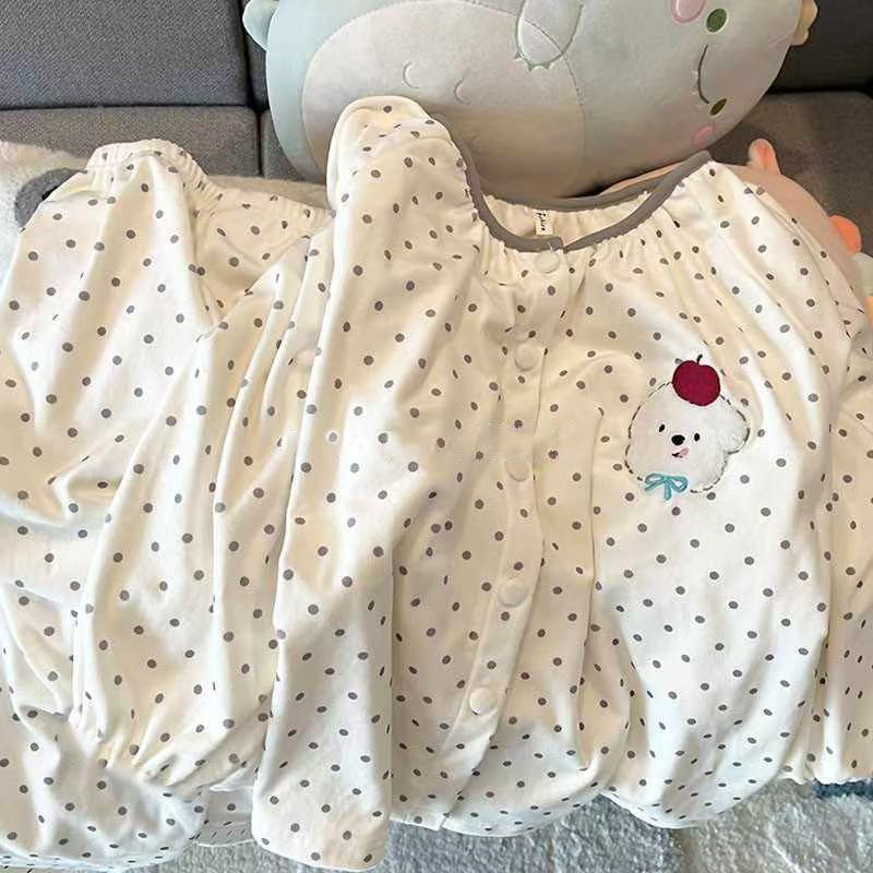 甜美圆点睡衣女德绒可爱苹果小熊圆领长袖套装冬季加绒加厚居家服|undefined