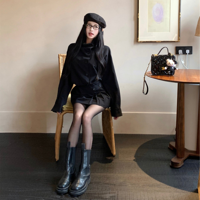 昕可达 贝克街魔女 复古格纹立领设计长袖连衣裙单排扣辣妹短裙|undefined