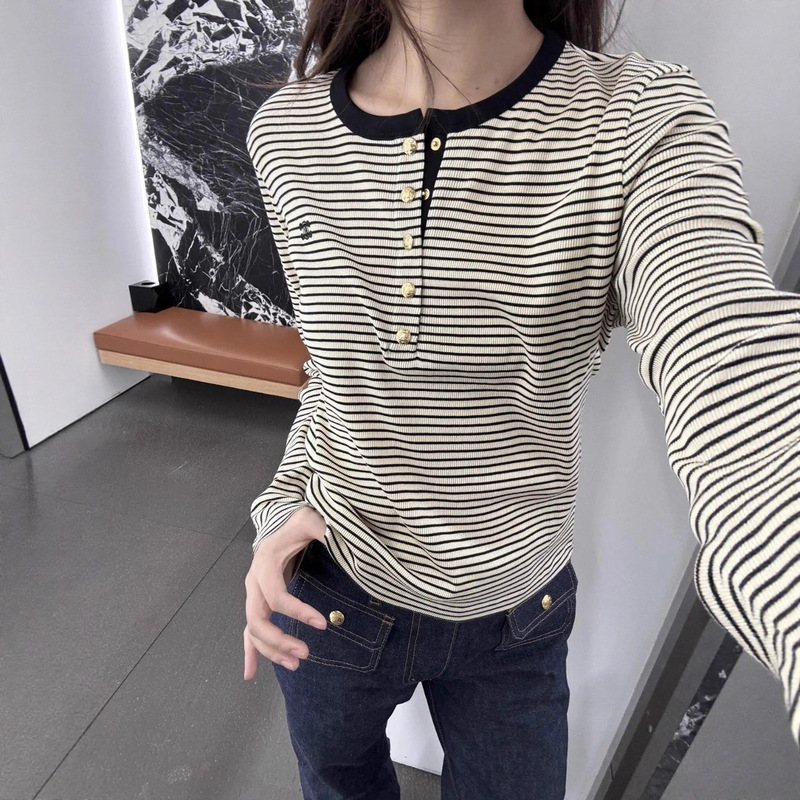 セレブ風CE凱旋門ハーフボタン長袖セータースリムフィットストライプトップTシャツ女性用|undefined