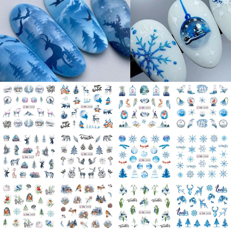 Cross-border supply of new nail art stickers ins winter blue snowflake Penguin flame line art Water stickers
