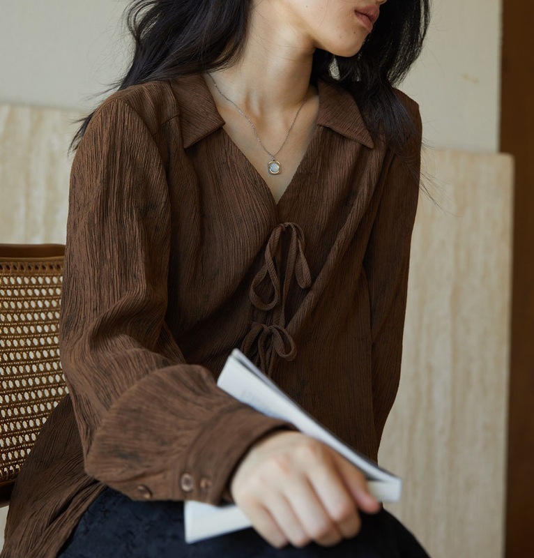 しわ筋感ストラップ腰襟長袖シャツ上着女性気質シャツ|undefined