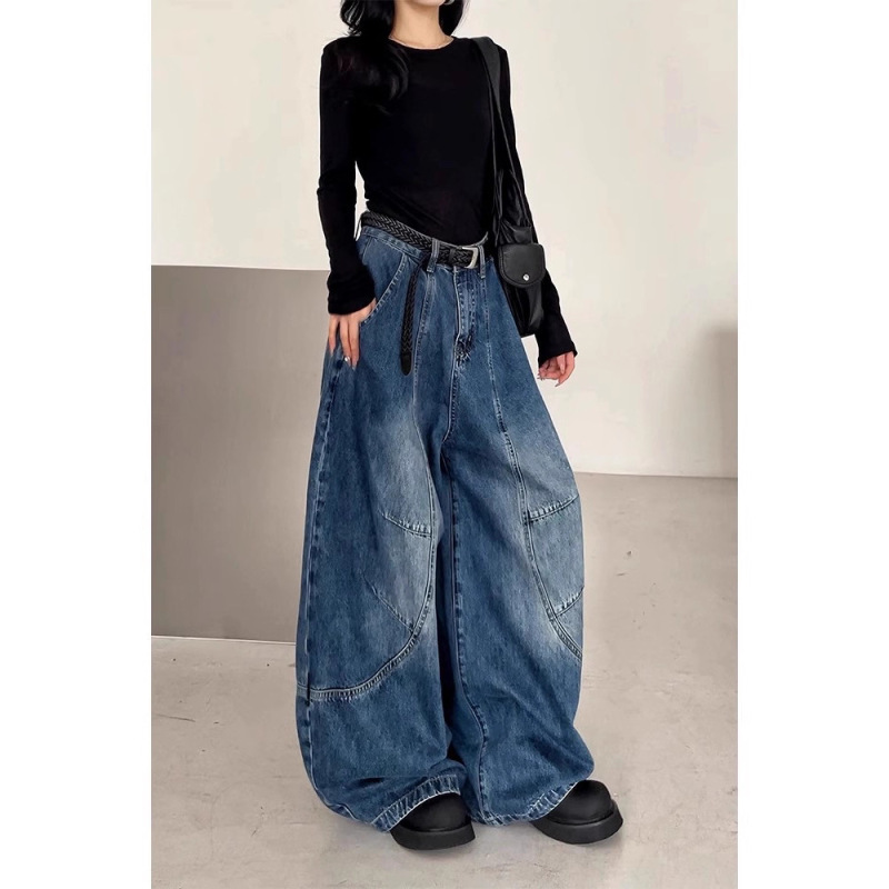 十三行~美式街头感宽松牛仔裤女2025秋季新款百搭裁片洗水弯刀裤|undefined
