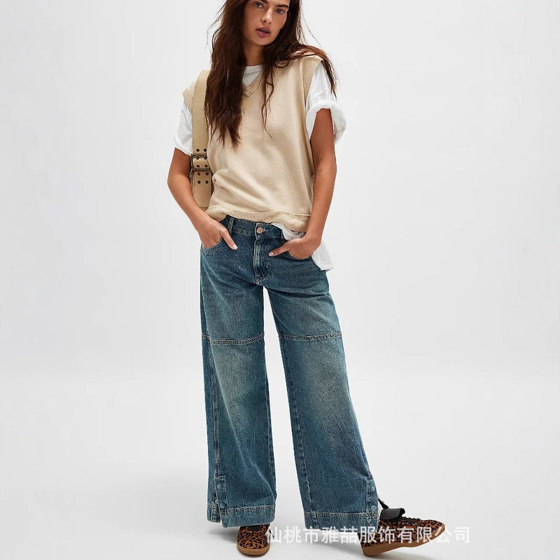 2024 independent station new hem split design mid-waist wide leg women's jeans