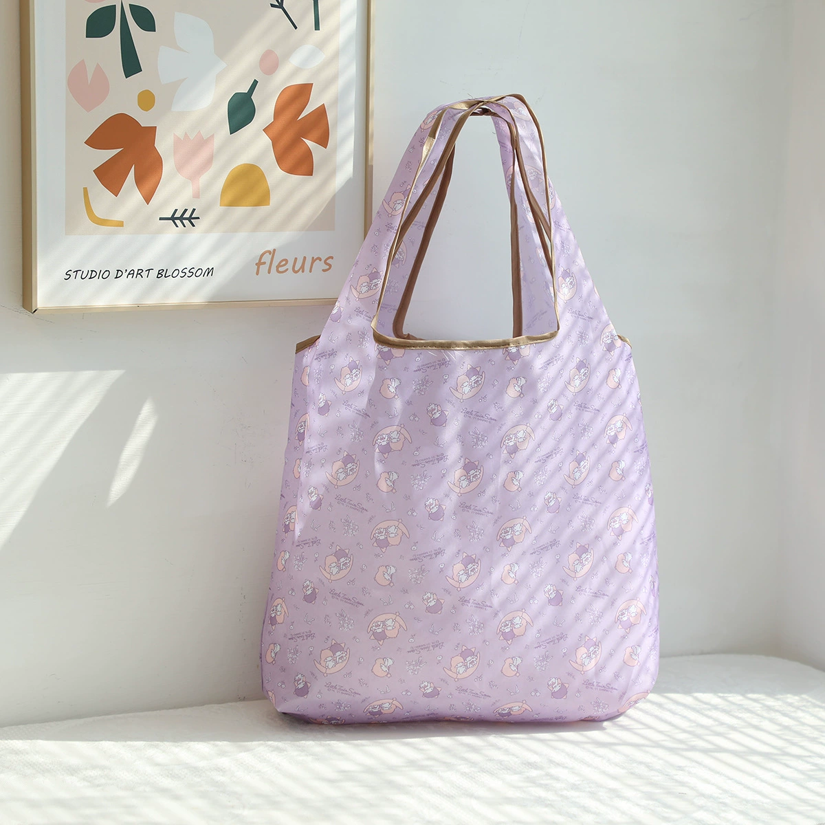 Cartoon small foldable shopping bag, one-shoulder bag, polyester