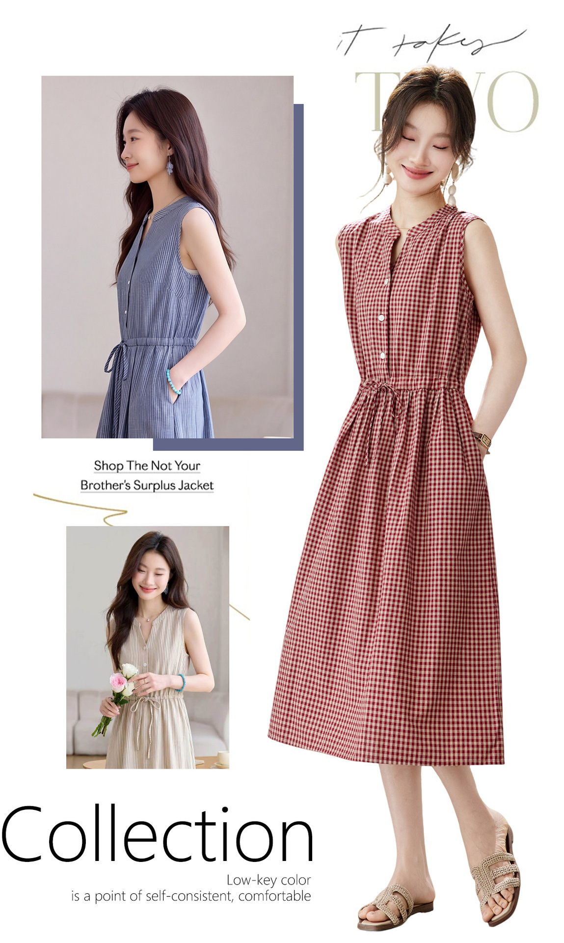 Đầm maxi nữ thắt eo cổ V rút dây, dáng chữ A trung niên mùa hè — Sọc Tây Tạng, Lưới đỏ, Sọc kaki chi tiết 3
