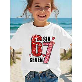 外贸跨境童装 卡通数字 6 7 SIX SEVEN爱心印花T恤打底衫圆领夏季