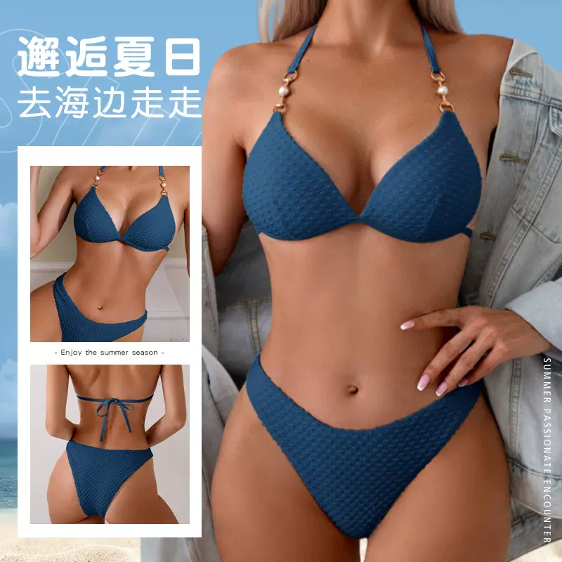 欧美纯色分体泳衣女批发纯色性感三点式泳装紧身露背比基尼泳衣