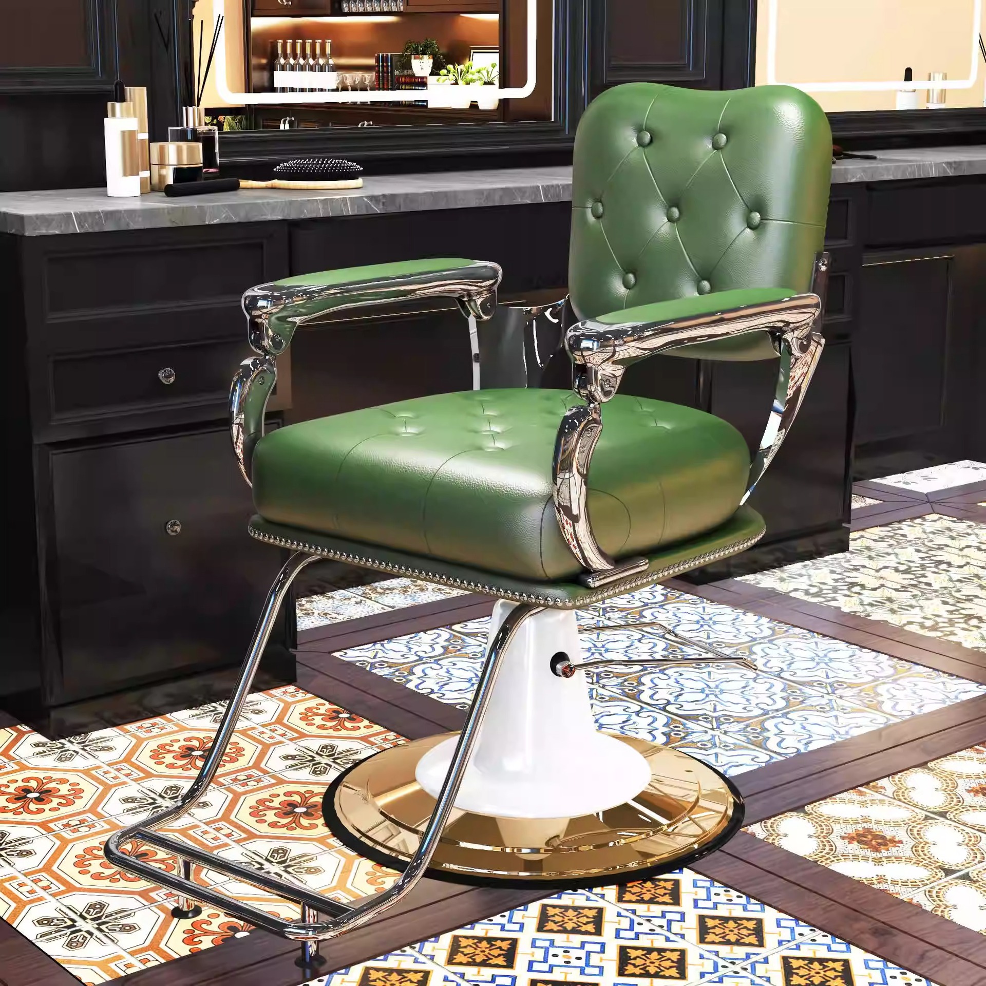 Fabricantes transfronterizos silla de peluquería retro silla de peluquería tiñida con pedal de pie silla giratoria de peluquería antigua multicolor
