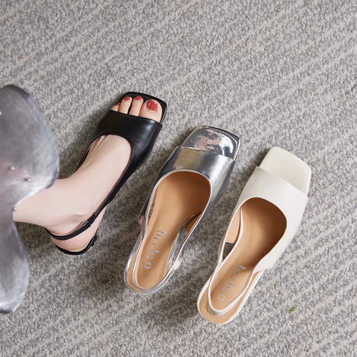 Sandal cao gót nữ mũi nhọn quai ngang da thật, gót trung bình, đế mềm hở gót — đen