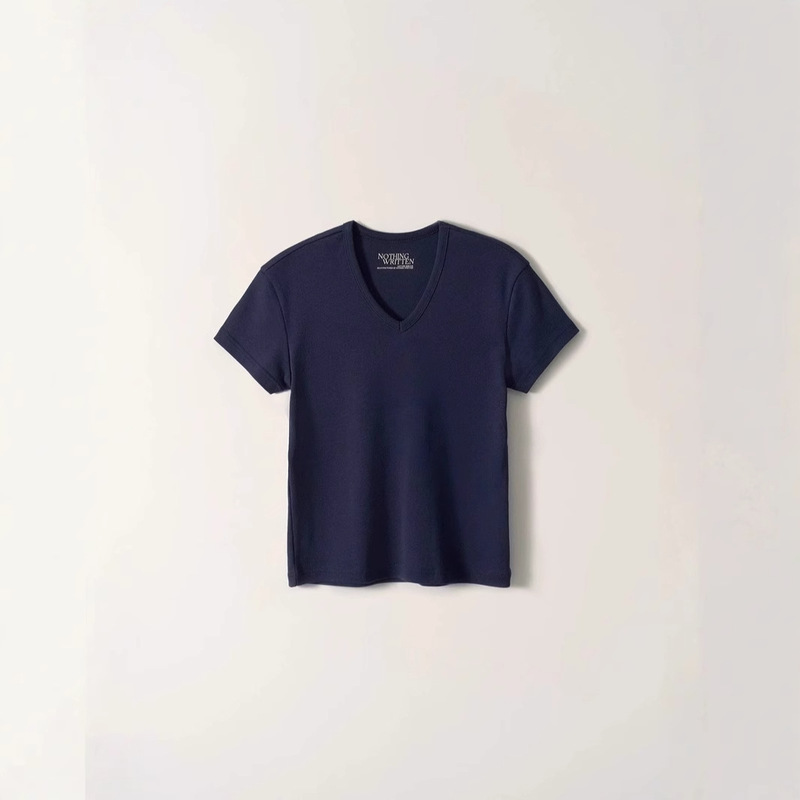 Korean Designer Noth*Ng Wrr*Ten Solid Color V-Neck Short-Sleeved Korean Style Women's Slim-Fit Regular Shoulder T-Shirt