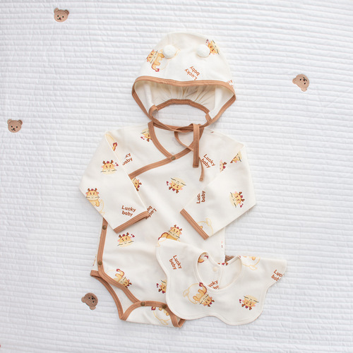 Newborn Baby Spring Pure Cotton Pajama Set Nordic INS Style Acorn Full Cotton Triangular Top Bodysuit Infant Boneless Climbing Suit
