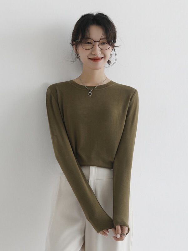 含羊毛T恤长袖女秋冬晴纶保暖针织衫修身气质内搭叠穿圆领打底衫|undefined