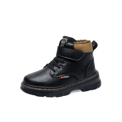 Children's Martin Boots with Fleece, Boys' Winter Student Black Cotton Leather Shoes, New Fall and Winter Boys' Leather Boots