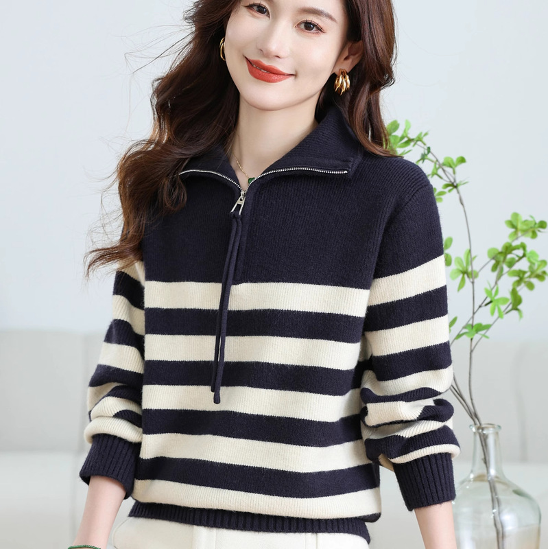 Half-Zip Striped Sweater with Turn-Down Collar for Women, 2026 Spring and Autumn Outerwear, Stylish Knit Top for Layering