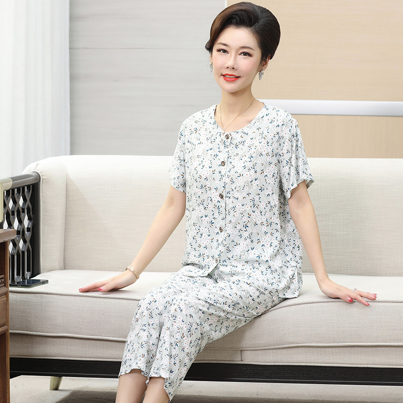 2026 New Model Middle-Aged and Elderly Women's Pajamas Short-Sleeve Long Pants All-Cotton Silk Homewear Floral Button-Up Cardigan Set