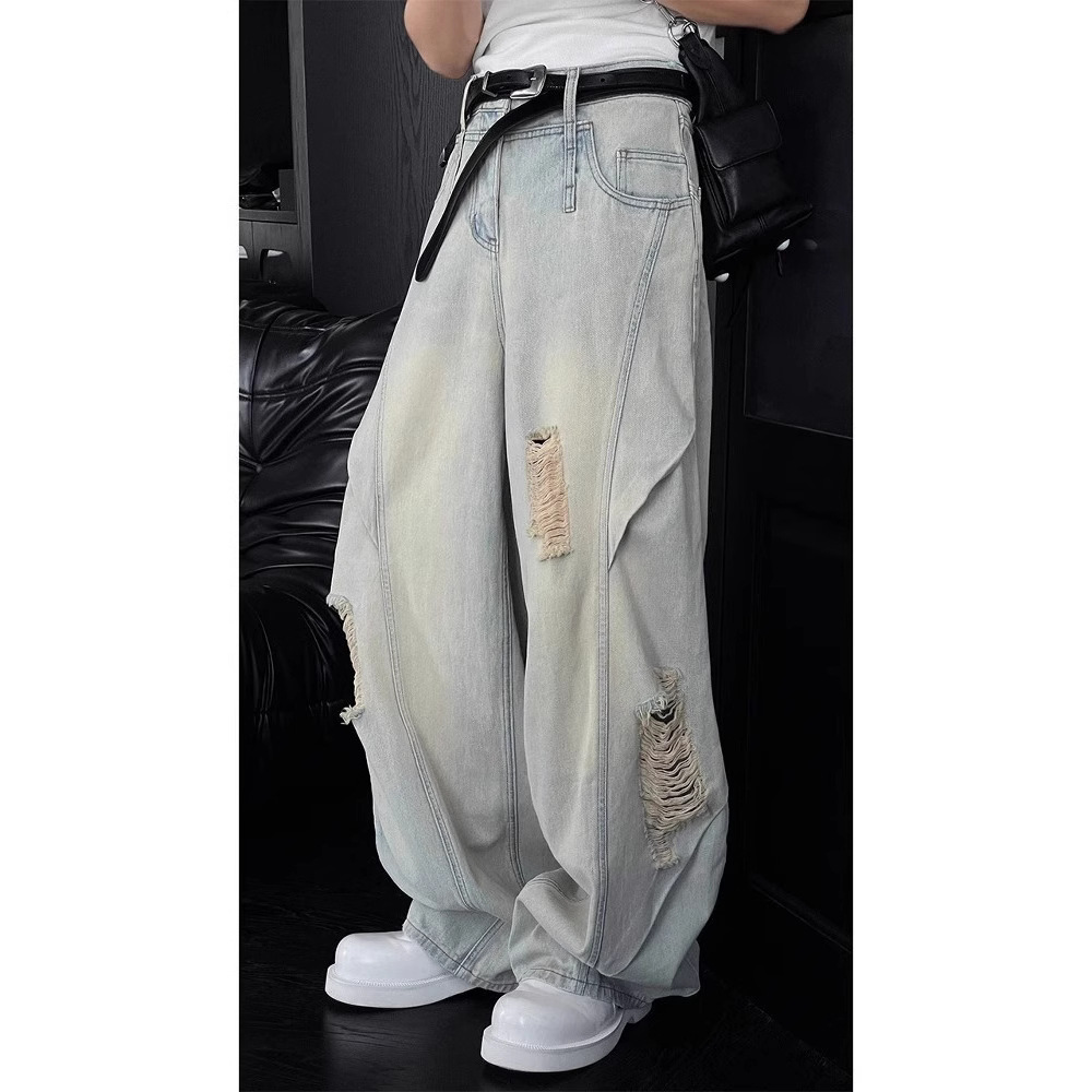 Cross-Border Longtaodao Spring and Summer New Original Design Washed Ripped Jeans Men's American High Street Casual Scimitar