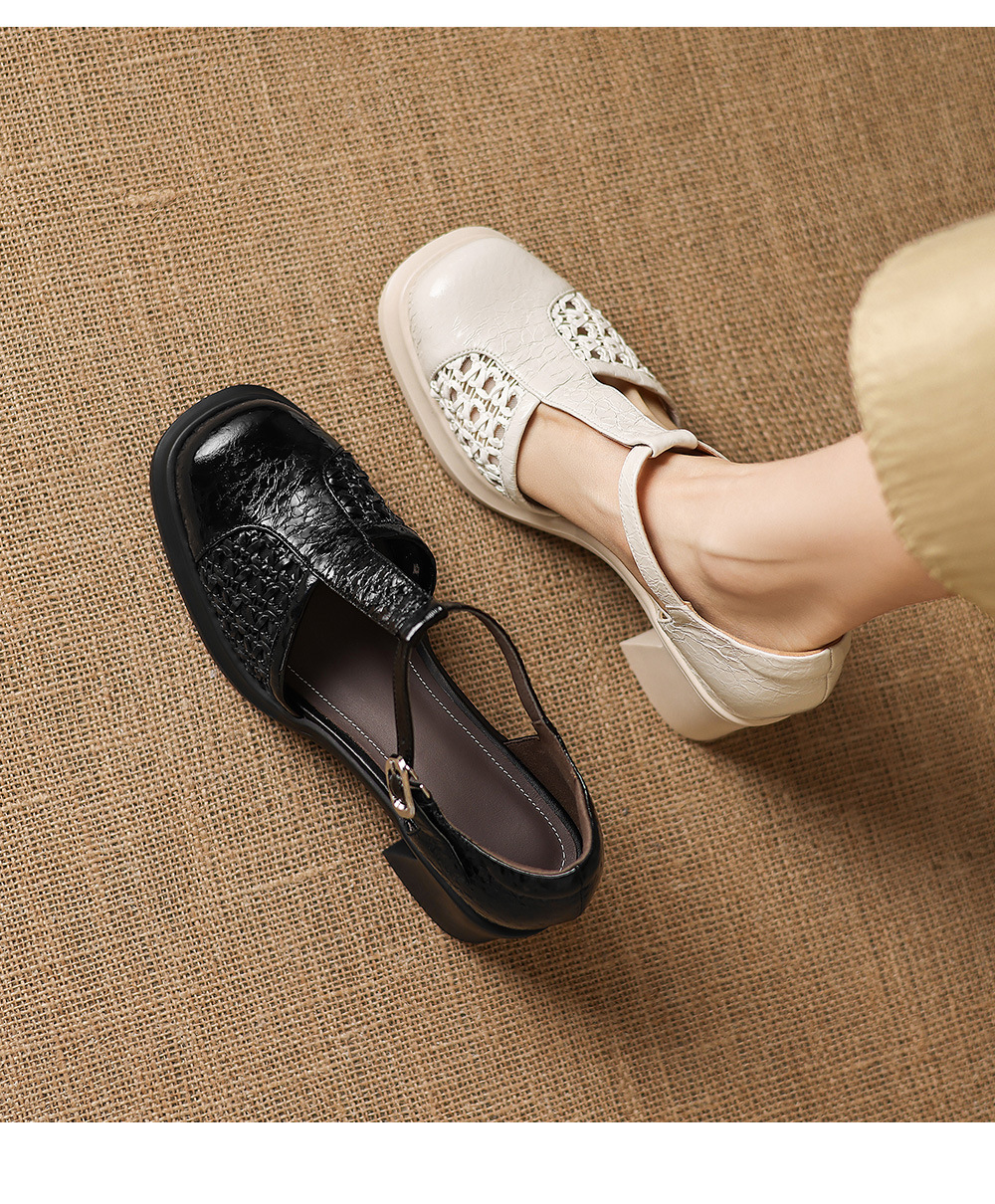 Sandal cao gót nữ quai ngang phong cách vintage, gót 8.5 cm, đế dày, mũi kín — đen chi tiết 2
