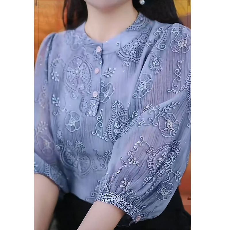 一件代发2025爆款高档妈妈装衬衫女夏季印花雪纺衬衣洋气薄款上衣|undefined