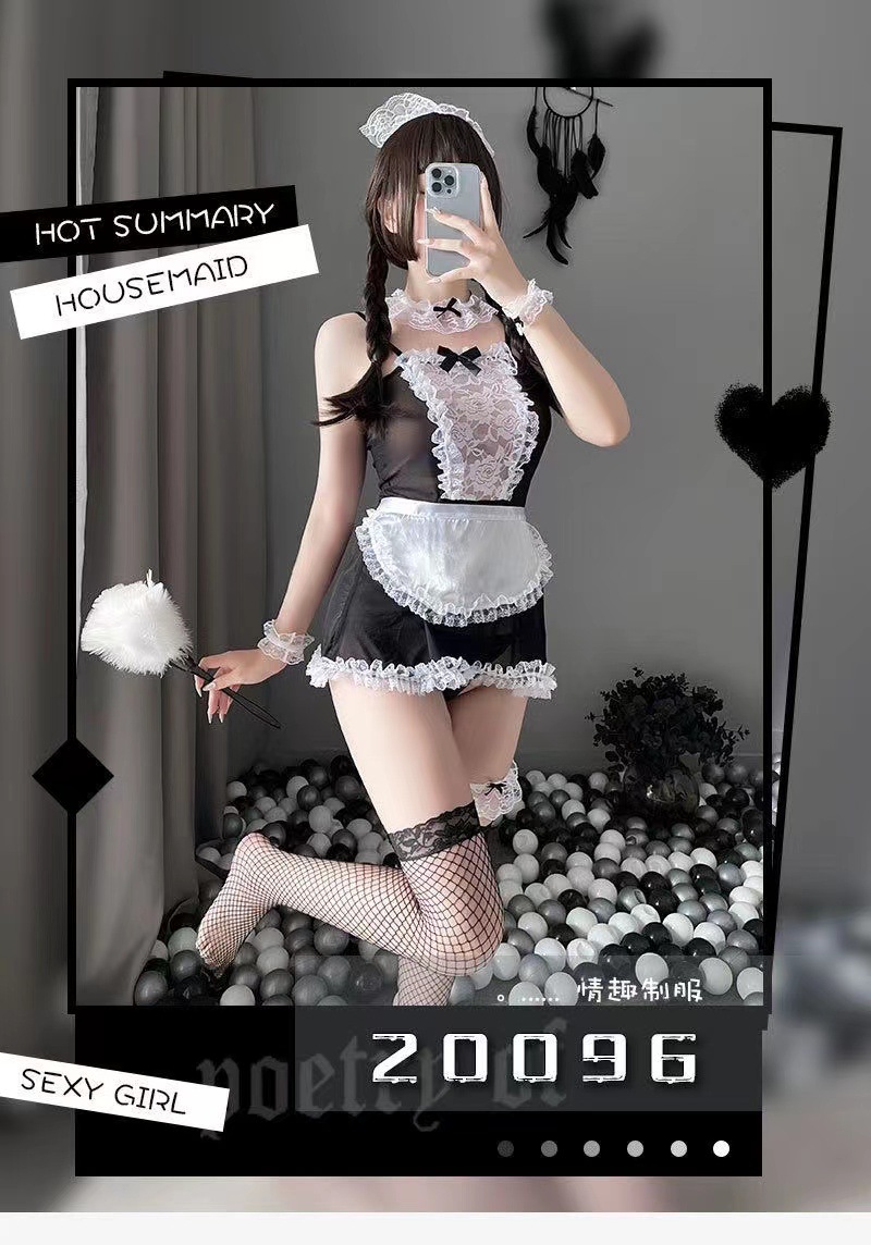 Lace Maid Roleplay Lingerie Set with Fishnet Stockings, One Size — detail image 7