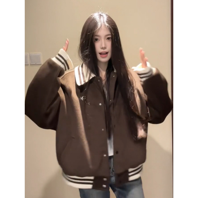 美式复古棒球服女2025春季美拉德穿搭字母刺绣翻领毛呢外套上衣潮|undefined