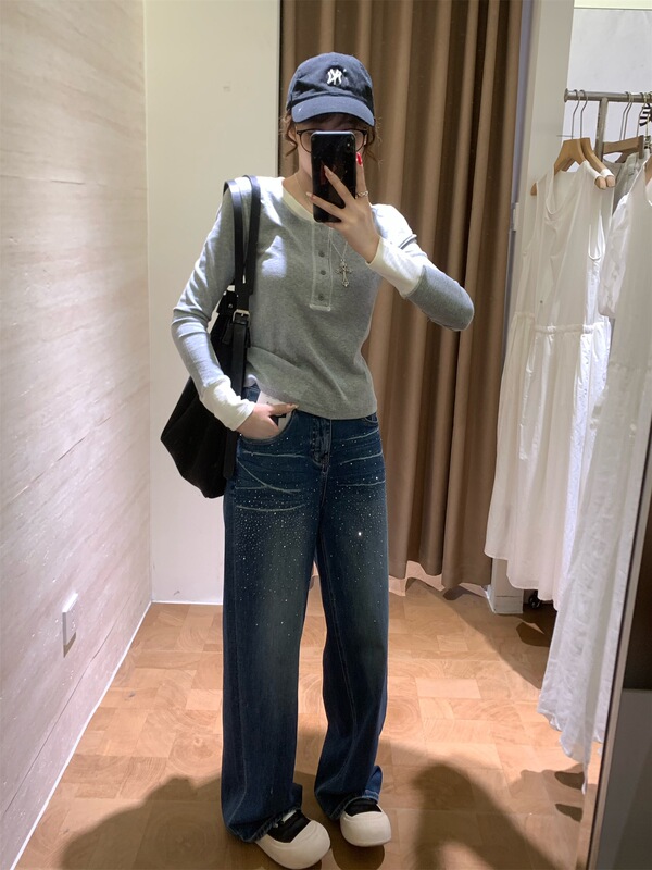 朵妮DN高级感满满！重工猫须纹直筒牛仔裤女烫钻设计感百搭休闲裤|undefined