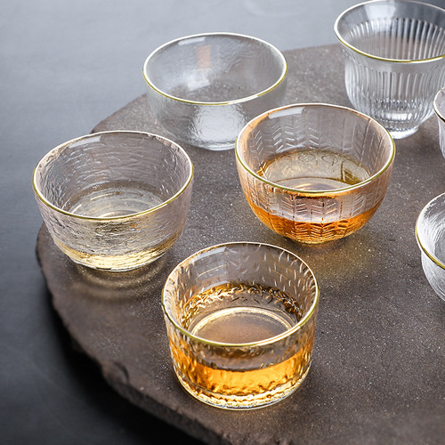 Minimalist transparent glass teacup with gold edge, hammer pattern tea cup, host cup, small tea bowl, Gongfu tea set cup, wholesale