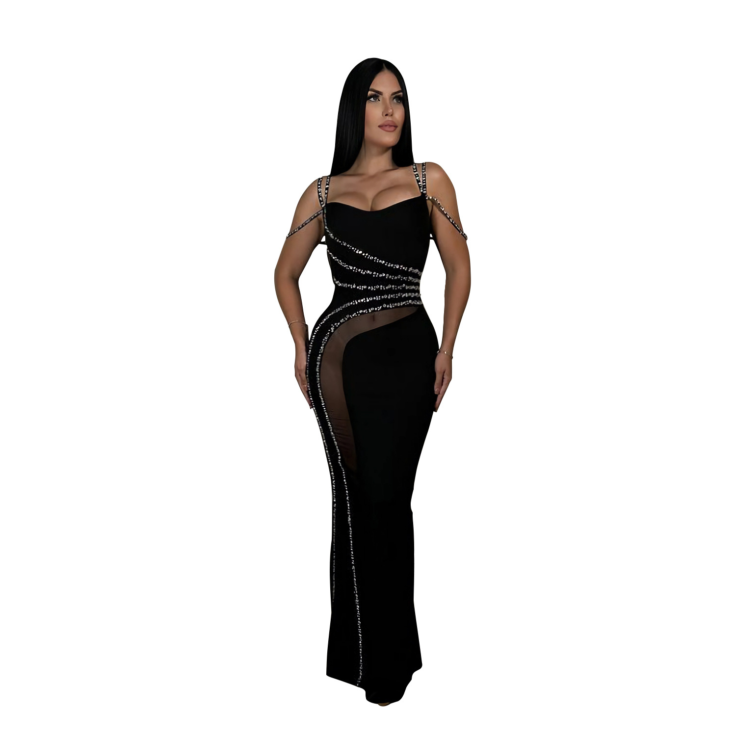 C7027 Cross-border AliExpress Amazon Estación independiente Moda europea y americana Vestido de malla de color sólido de diamantes calientes para mujer Nuevo image 7