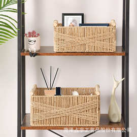 跨境纸绳编织收纳筐带把手桌面化妆品纸巾储物筐杂物零食水果篮