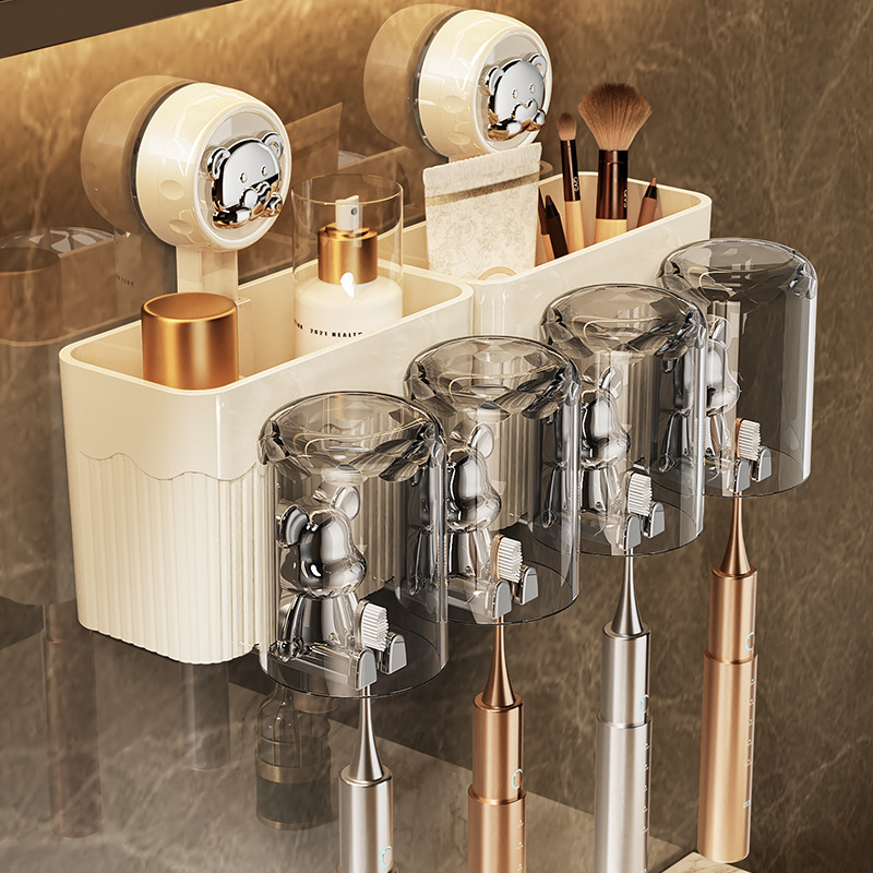 Toothbrush Rack Cream Style Punch-Free Toothbrush Cup Mouthwash Cup Holder Bathroom Wall-Mounted Electric Toothbrush Rack