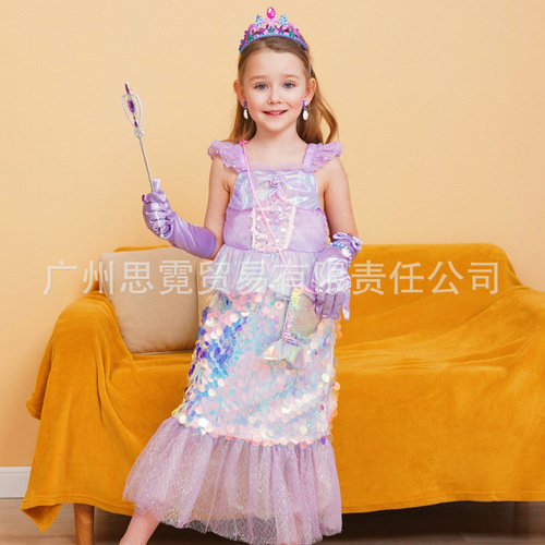New Children's Mermaid Ariel Princess Dress, Glitter Fish Tail Dress