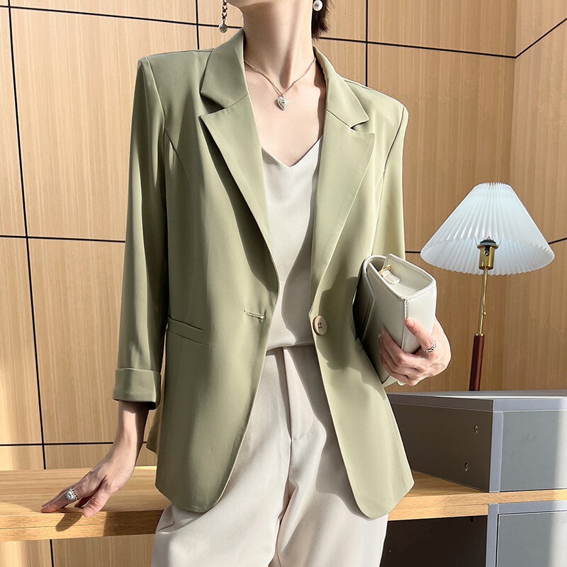 Green Blazer for Women, New Spring and Summer Style, High-End Niche Korean Style, British Style, Three-Quarter Sleeve Loose Blazer