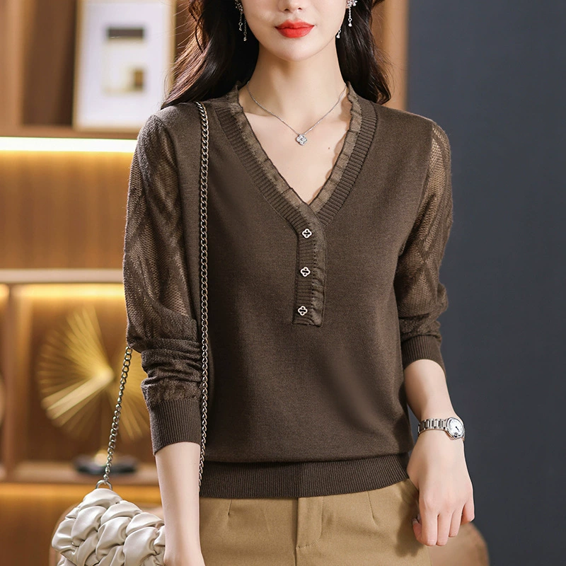 В наличии свитер с длинным рукавом 2023 осень-зима Новый винтажный V-образный вырез в западном стиле кружевной свитер Базовая рубашка