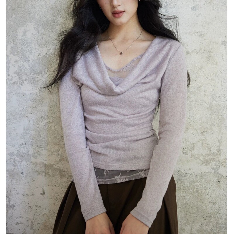 [Yu Qin] Fake Two-piece Swing Collar Lace Stitching Knitwear Slim-fit Slimming Long-sleeved Purple Top