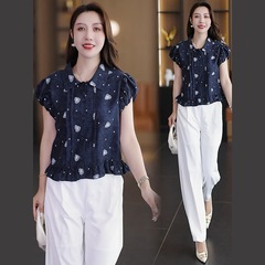 时尚套装女2025夏季洋气减龄显瘦印花短袖衬衫阔腿裤休闲两件套潮