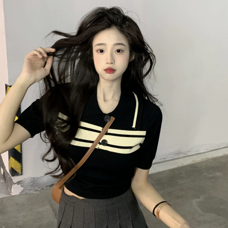 Рекордная цена ~ Американская ретро полосатая футболка с чувством дизайна нишевые тонкие лацканы трикотажный топ с короткими рукавами женский