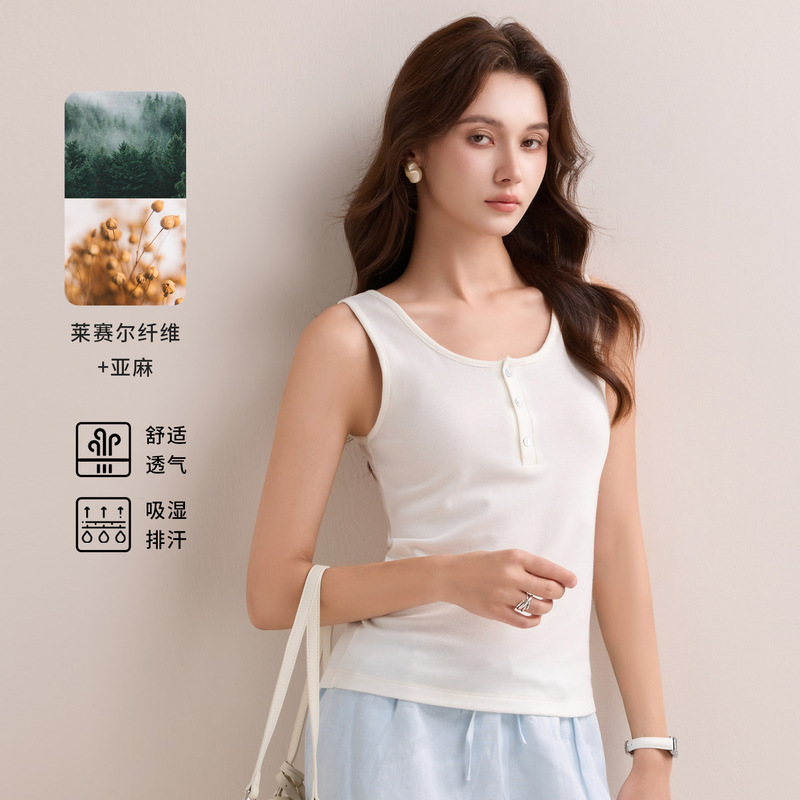 White Lyocell Buttoned Camisole for Women, Summer Silk-Linen Slim Fit Henley Neck Sleeveless Top