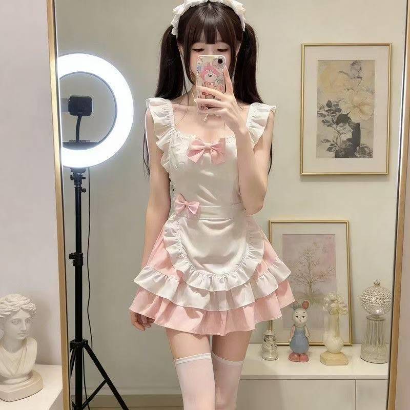 Maid Roleplay Costume Set with Tutu Skirt, Bowknot Apron and Short Dress — detail image 2