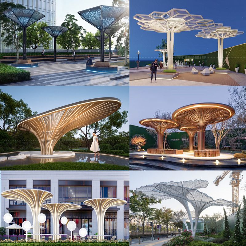 Large Stainless Steel Landscape Pergola Pavilion Metal Tree Sculpture Steel Structure Umbrella-Shaped Luminous Landmark Park Square Large Stainless Steel Landscape Pergola Pavilion Metal Tree Sculpture Steel Structure Umbrella-Shaped Luminous Landmark Park Square