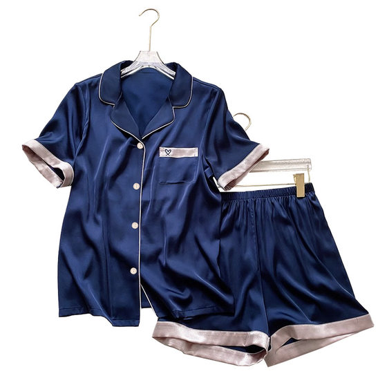 High-grade solid color short sleeve ice silk pajamas women's summer new ins wind love embroidery home clothes real shot wholesale
