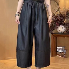 松紧腰抽绳柔软皮裤女欧洲站2025秋季新款百搭小个子九分裤阔腿裤