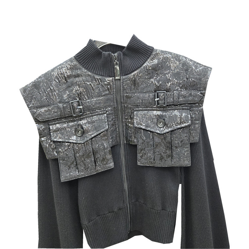 2025 otoño y invierno chaqueta de punto negro para mujeres nuevo diseño de color de contraste temperamento delgado nicho blusa de bolsillo de empalme