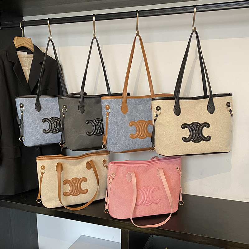 2025 Contrast Color Stitching Large Capacity Work Commuter Tote Bag Casual Versatile Niche Design Simple Shoulder Bag for Women