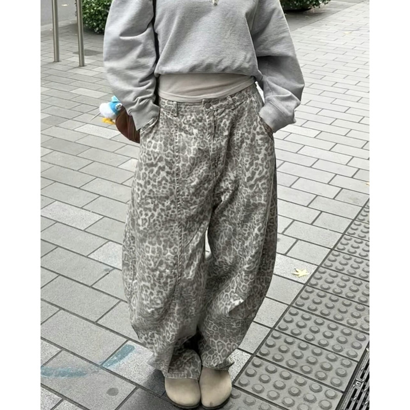 美式复古豹纹弯刀牛仔裤女2025秋季新款街头辣妹廓形宽松拖地长裤|undefined