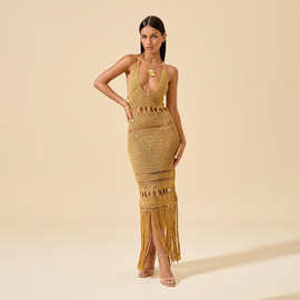 2026年新!跨境欧美纯色性感针织镂空沙滩罩衫比基尼泳衣沙滩裙女